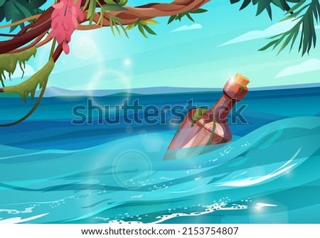 Bottle with paper message in it floating in sea. Pirates symbol. Cartoon vector illustration.