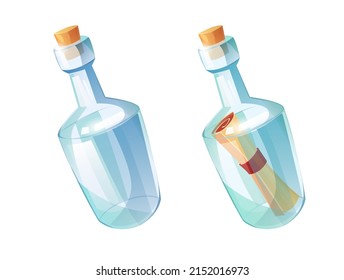 Bottle with paper message in it. Pirates symbol. Cartoon vector illustration.