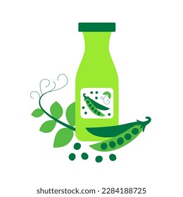 Bottle of pea milk with pads and leafs. Plant based vegan drink concept. Dairy free and non lactose beverage. Vector flat illustration.