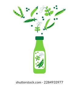 Bottle of pea milk with pads and leafs. Plant based vegan drink concept. Dairy free and non lactose beverage. Vector flat illustration.