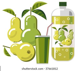 Bottle of pear flavored soda with cup, straw and pears