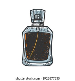 bottle of perfume color sketch engraving vector illustration. T-shirt apparel print design. Scratch board imitation. Black and white hand drawn image.