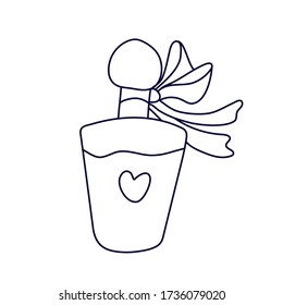 Bottle of perfume decorated with beautiful  bow ribbon in doodle style. Hand drawn vector illustration in black ink isolated on white background.  Great for coloring book.