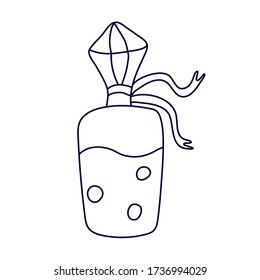 Frasco de perfume decorado con cápsula de cristal y cintas en forma de doodle. Ilustración vectorial dibujada a mano en tinta negra aislada en fondo blanco.  Ideal para colorear un libro.