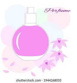 Bottle of perfume. Delicate pink background with perfume and flowers isolated.