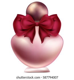 A bottle of perfume design with bow and pearl jewelry illustration of a white background. Pink bottle with red purple bow