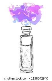 A bottle of perfume drawn by hand. Calligraphy. Color spray, paint stains. Evaporating fragrance. Template for advertising. 10 eps