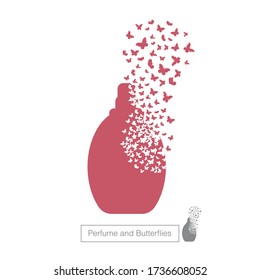 Bottle of perfume with effect of destruction. Dispersion. Butterfly, moth. Butterfly cloud. Spray.