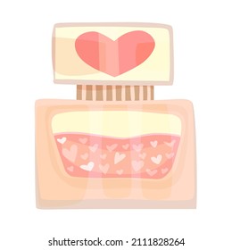 Una botella de perfume, llena de corazones. Un concepto de presente que representa el amor. Ilustración vectorial en un estilo plano y giratorio 
