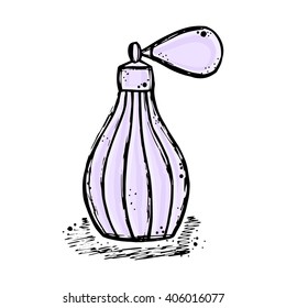 A bottle of perfume for girls, women. Fashion and beauty, trend, aroma. Vector hand-drawn sketch illustration. Isolated object.