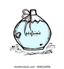 A bottle of perfume for girls, women. Fashion and beauty, trend, aroma. Vector hand-drawn sketch illustration. Isolated object.