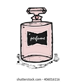 A bottle of perfume for girls, women. Fashion and beauty, trend, aroma. Vector hand-drawn sketch illustration. Isolated object.