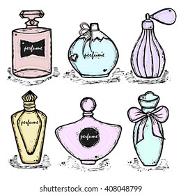 A bottle of perfume for girls, women. Fashion and beauty, trend, aroma. Vector hand-drawn sketch illustration. Isolated objects.
