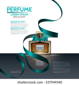 Bottle of perfume and green ribbon. Vector illustration
