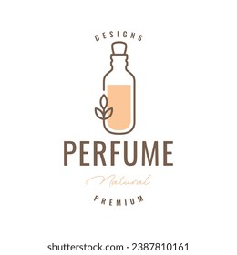 bottle perfume leaves flower feminine colorful line style minimal logo design vector icon illustration