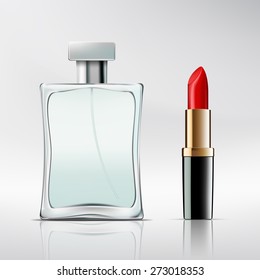 Bottle of perfume and lipstick. Vector image.