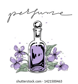 Bottle of perfume made of viola odorata, vector