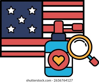 A bottle of perfume is next to an American flag. The bottle is blue and the flag is red, white, and blue