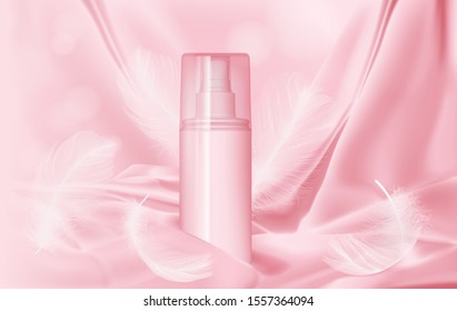 bottle with perfume on a background of pink silk and feather mock up vector