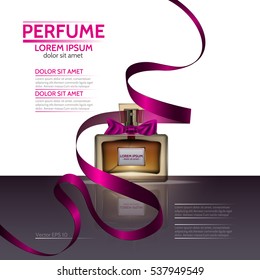 A bottle of perfume and a pink ribbon. Vector illustration