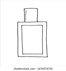 Flasche mit Parfum mit Platz für das Etikett einzeln auf weißem Hintergrund. Handgezeichnete einzelne Vektorillustration-Illustration im Cartoon-Doodle-Stil. Elemente für Druck, Webdesign, tägliche Pflege, kosmetisches Werkzeug