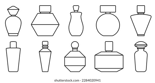 Bottle of perfume. Set of linear silhouette of perfume bottles. Fragrance bottle icon. Vector illustration