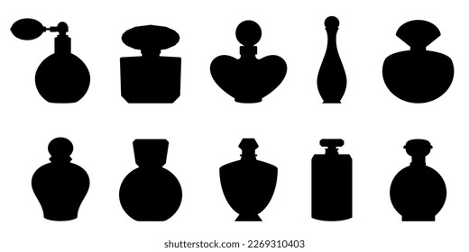 Bottle of perfume. Set of silhouette of perfume bottles. Fragrance bottle icon. Vector illustration