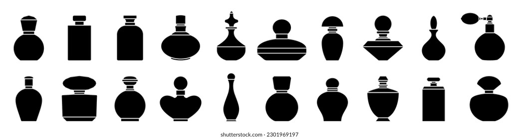 Bottle of perfume. Set of silhouette of perfume bottles. Fragrance bottle icon. Vector illustration