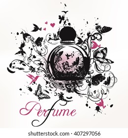 A bottle of perfume with shapes of birds butterflies spots and flourishes