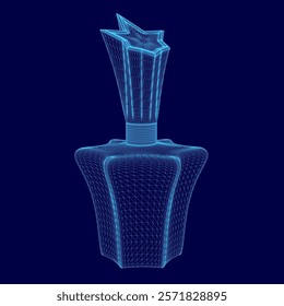 Bottle of perfume is shown in a blue color. The bottle is made of glass and has a star-shaped top. The bottle is placed on a blue background