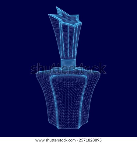 Bottle of perfume is shown in a blue color. The bottle is made of glass and has a star-shaped top. The bottle is placed on a blue background
