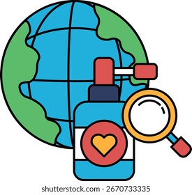 Se muestra una botella de perfume con un globo terráqueo y una lupa. La botella de perfume está rodeada por un corazón y el globo está en el fondo. Concepto de explorar el mundo