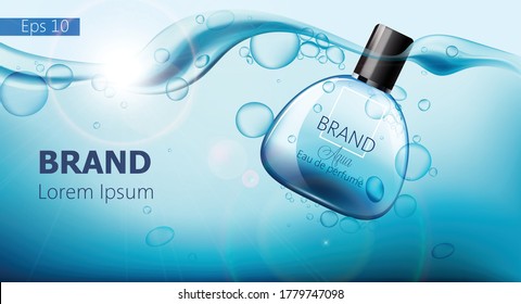 Bottle of perfume sinking in blue water with air bubbles. Place for text. Product placement mock up. Realistic vector