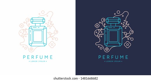 Bottle of perfume. Vector illustration. Linear image perfume to monogram.