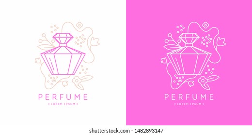 Bottle of perfume. Vector illustration. Linear image perfume to monogram.