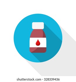 Bottle with pill. Blood donation vector icon. Bottle with red blood drop on blue background. Flat style design. Donate blood.