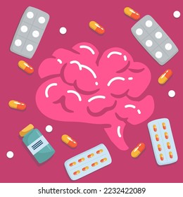 Bottle Pills Brain neon light sign vector. Glowing bright icon Bottle Pills Brain sign. transparent symbol illustration,