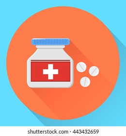 Bottle for pills or capsules. Flat vector illustration. Stock image. EPS10. Isolated icon 