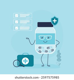 Bottle with pills, cartoon character with happy face. Funny vial of vitamins, antibiotics or painkiller pill. Medicine and pharmacy mascot. Healthcare, medical theme. flat vector illustration