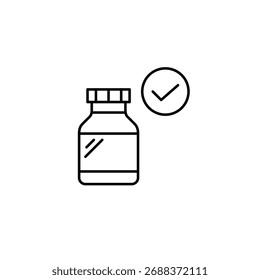 Botella de píldoras y marca de verificación. Aprobación y seguridad de los medicamentos. Icono de Vector de trazo perfecto y editable