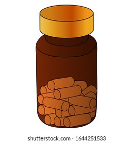 Ilustración vectorial de color - Frasco de plástico con pastillas recetadas por un médico. Las cápsulas son blancas. Burbuja sobre un fondo aislado. Tratamiento médico de la enfermedad. 
