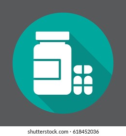 Bottle of pills flat icon. Round colorful button, circular vector sign with long shadow effect. Flat style design