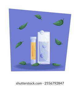 A bottle of pills, a glass of water and dissolving effervescent tablets and falling leaves on a blue background. Vector cartoon illustration of medicine and medical preparations