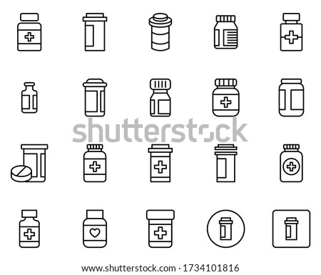Bottle of pills icon set. Collection of high quality outline web pictograms in modern flat style. Black Bottle of pills symbol for web design and mobile app on white background. Line logo EPS10
