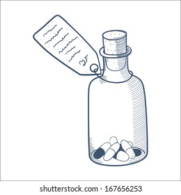 Bottle with pills isolated on white. Sketch vector element for medical or health care design