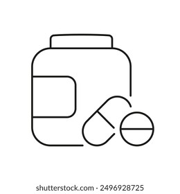 Bottle with Pills Line Icon, Dietary Supplements and Vitamins in Pill Form for Health and Wellness. Healthy Nutrition. Isolated Vector Illustration.