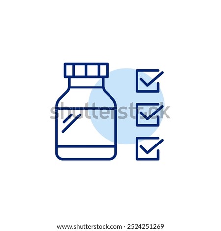 Bottle of pills and list of checkmarks. Certified and approved medication. Prescription tracking, adherence to treatment plan. Pixel perfect vector icon