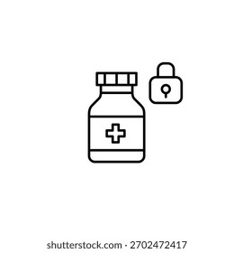 Garrafa de comprimidos e fechadura. Dados de medicação protegidos, receitas seguras. Pixel perfeito, ícone de vetor de traçado editável
