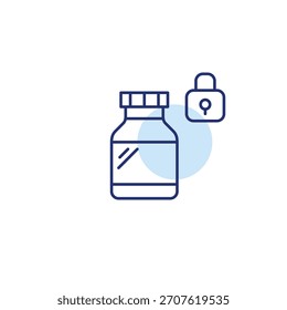 Eine Flasche Pillen und Schloss. Geschützte Medikamentendaten, sichere Apothekerverschreibungen. Pixel perfekt, bearbeitbares Strichvektorsymbol