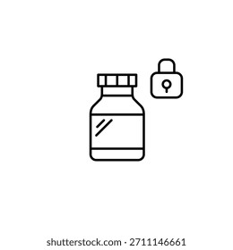 Botella de píldoras y cerradura. Datos de medicamentos protegidos, recetas farmacéuticas seguras. Icono de Vector de trazo perfecto y editable
